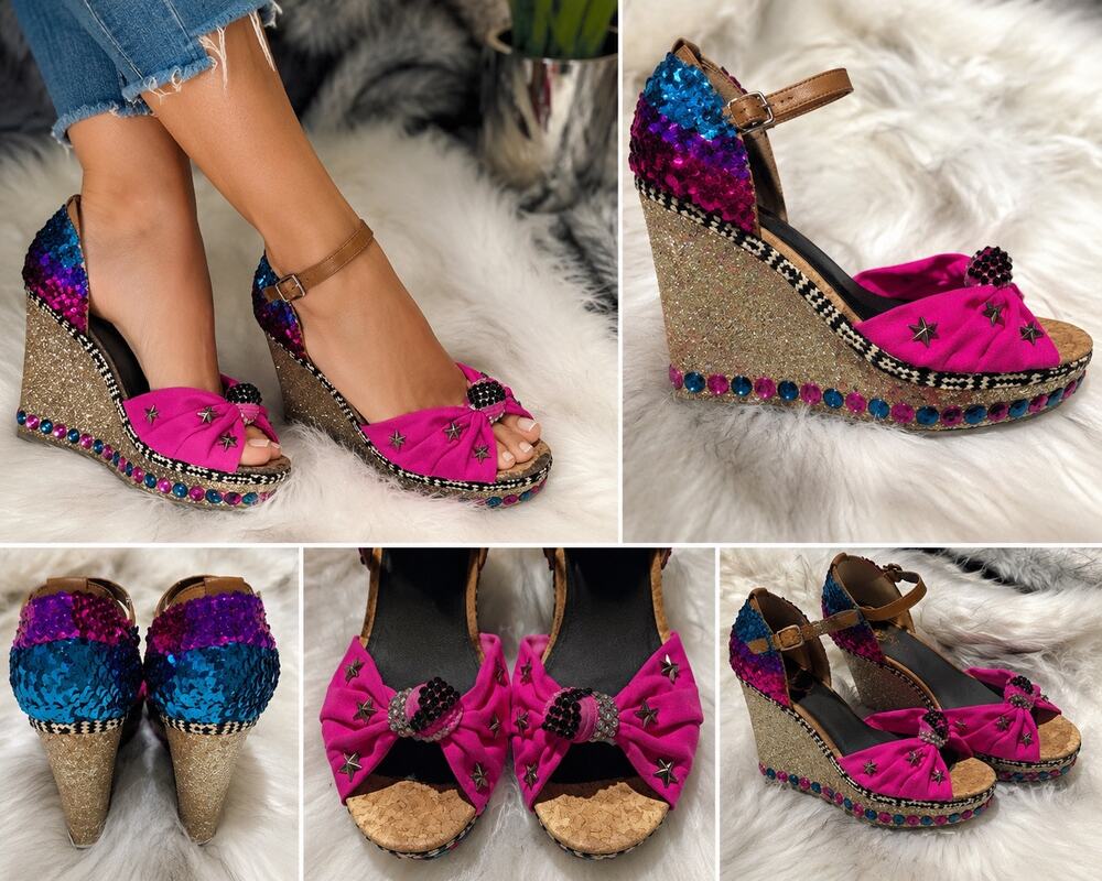 One-of-a-Kind Embellished Pink, Blue & Gold Wedge Heels – Size 9 – Custom Handma